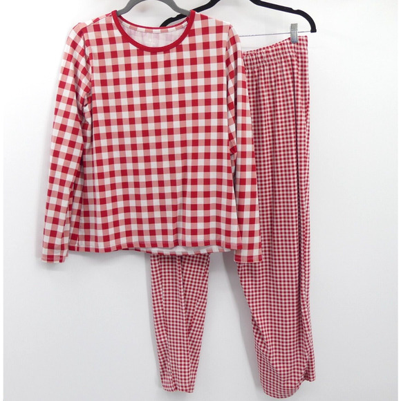 Lands' End x Draper James Two Piece Pajama Set Size M 10-12 Red Plaid Long Slv - Picture 1 of 10